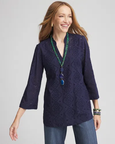Chico's Poplin Eyelet V-neck Tunic Top In Blue Size 16/18 |  In Passport Blue
