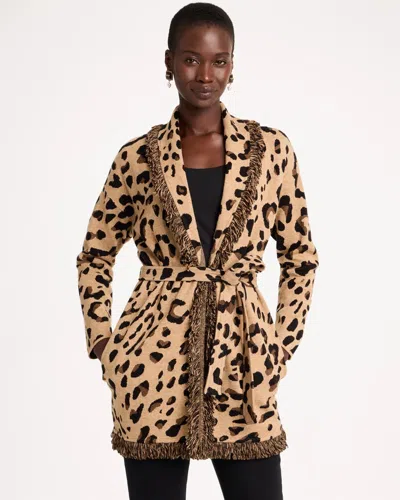 Chico's Prestige Animal Fringed Belted Cardigan Sweater In Toffee Tan