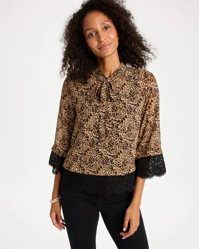 Chico's Prestige Print Lace Tie-neck Blouse In Black In Animal Print