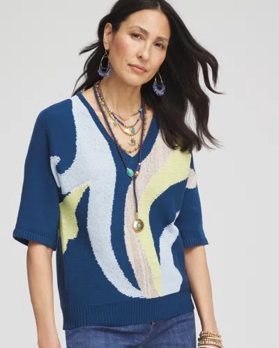 Chico's Print V-neck Pullover Sweater In Seaport Size 20/22 |