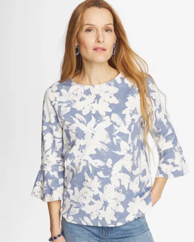 Chico's Printed Bell Sleeve Top In White In Blue