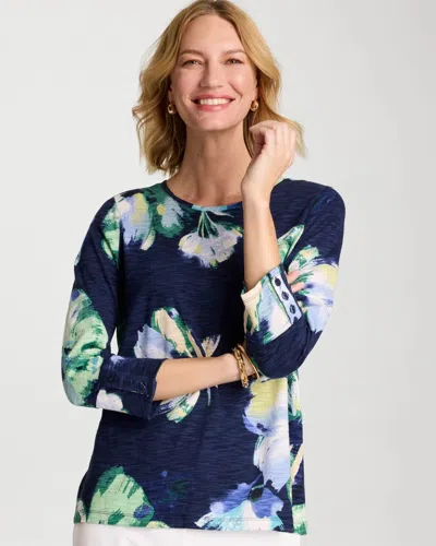 Chico's Printed Button Detail Tee In Blue