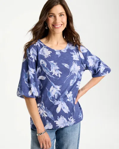 Chico's Printed Cotton Poplin Pleat Sleeve Tee In Storm Blue