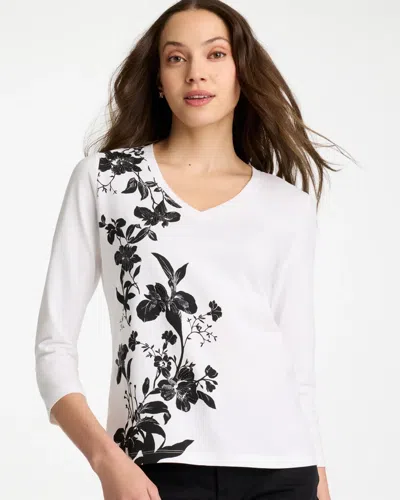Chico's Printed Cotton Stretch 3/4 Sleeve Tee In Black In White