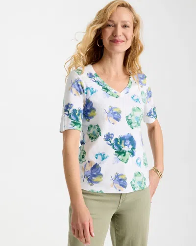 Chico's Printed Cotton V-neck Tee In Blue In White