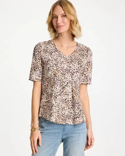Chico's Printed Cotton V-neck Tee In Cattail Brown In Multi