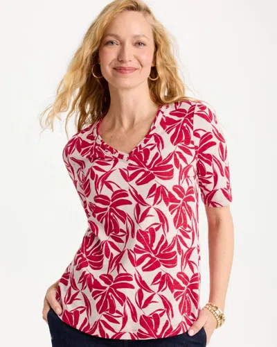 Chico's Printed Cotton V-neck Tee In Cherry Lush In Multi