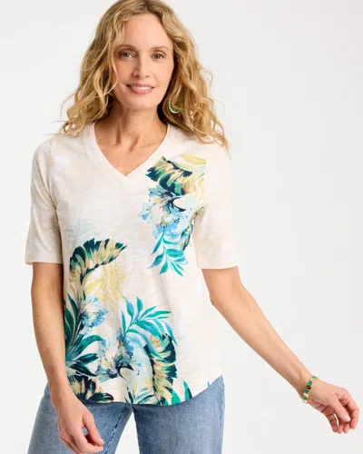 Chico's Printed Cotton V-neck Tee In Topanga Green