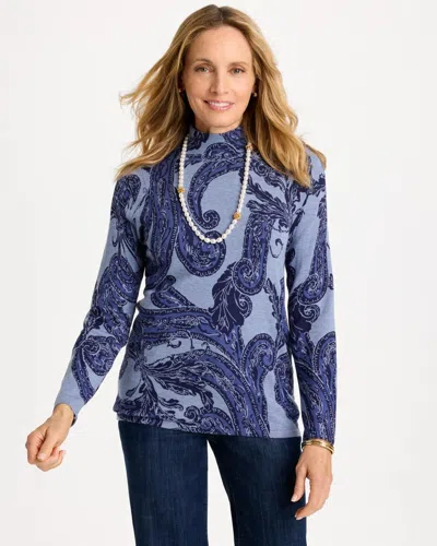 Chico's Printed Ella Button Mockneck Sweater In Blue In Passport Blue
