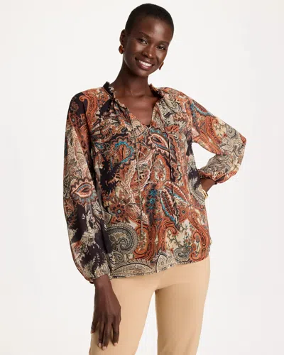 Chico's Printed Georgette Ruffled Tie-neck Blouse In Black