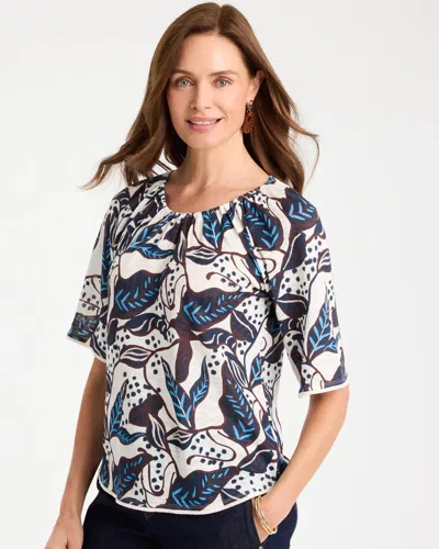 Chico's Printed Linen Fringed Tee In Blue