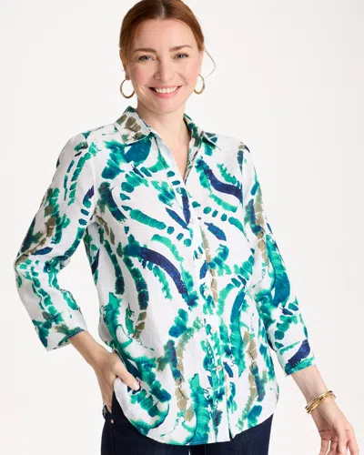 Chico's Printed No Iron Linen Shirt In Blue In Multi