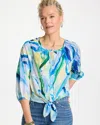 Chico's Printed Oversized Tie-front Top In Amparo Blue In Blue