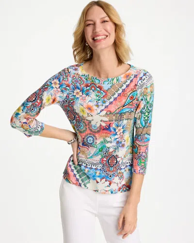 Chico's Printed Pima 3/4 Sleeve Tee In Hot Honeysuckle In Multi