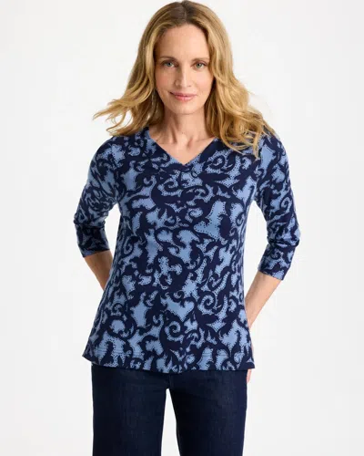 Chico's Printed Pima Cotton 3/4 Sleeve Tee In Blue In Passport Blue