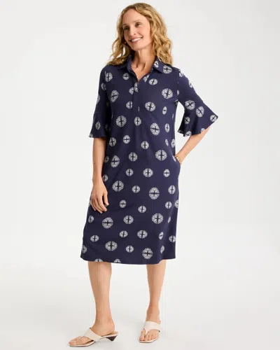 Chico's Printed Ponte Flounce Sleeve Dress In Blue