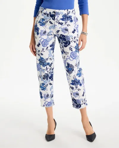 Chico's Printed Relaxed Boyfriend Chino Fray Crop Pants In White In Blue
