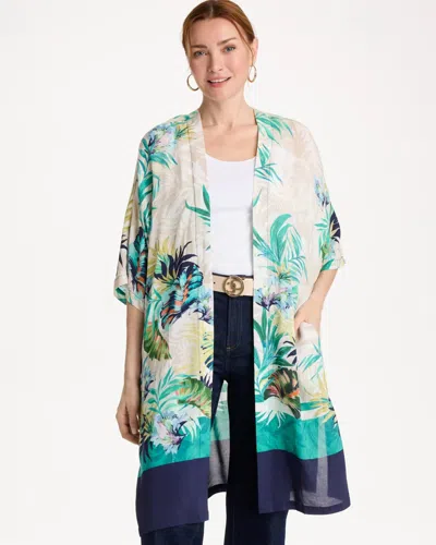 Chico's Printed Smocked Long Kimono In Topanga Green