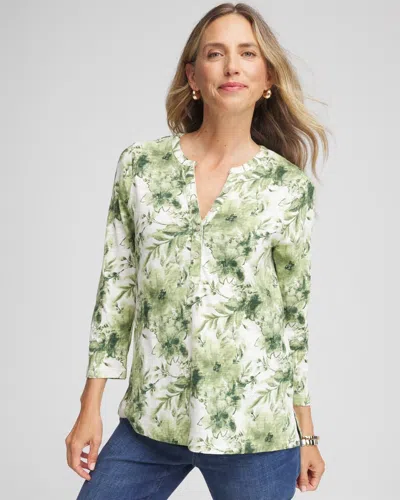 Chico's Printed Split Neck Henley Tee In Sage Meadow