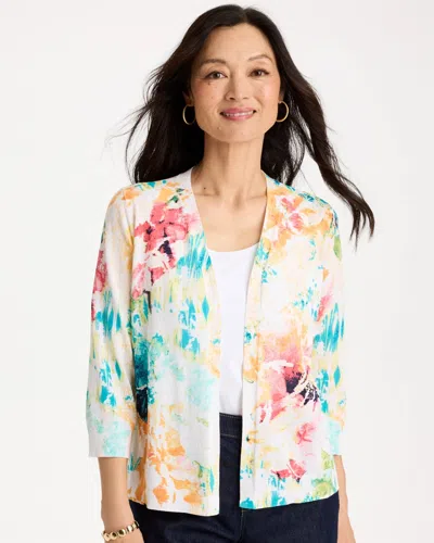 Chico's Printed Summer Romance Cardigan Sweater In Calypso Coral In Multi