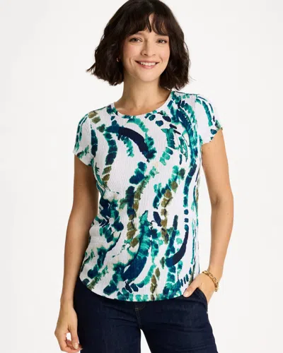 Chico's Printed Textured Knit Cap Sleeve Tee In Topanga Green