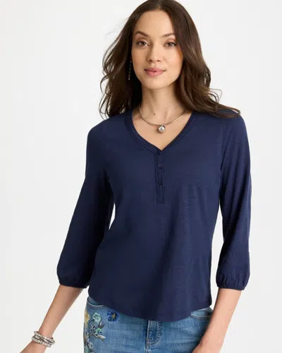 Chico's Puff Sleeve Cotton Henley Shirt In Blue