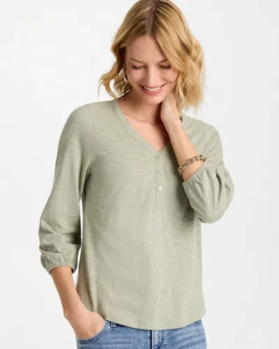 Chico's Puff Sleeve Cotton Henley Shirt In Seagrass Green In Gray