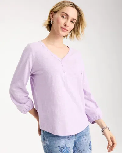 Chico's Puff Sleeve Cotton Henley Tee In Orchid Mist In Purple