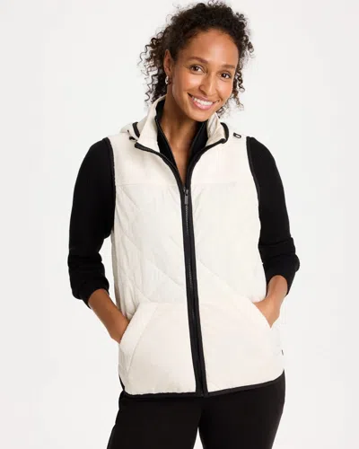 Chico's Quilted Fleece-sherpa Trim Hooded Vest In Soft Ivory
