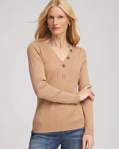 Chico's Ribbed Button Henley Sweater In Creme Coffee