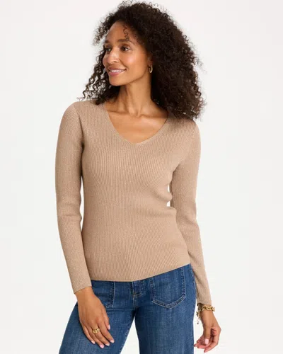 Chico's Ribbed V-neck Pullover Sweater In Toffee Tan