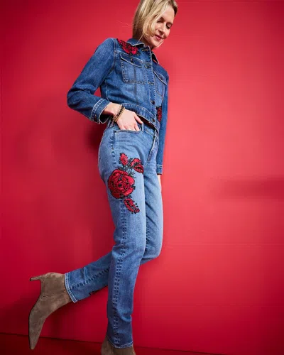 Chico's Rose Embellished Girlfriend Ankle Jeans In Rimini Indigo