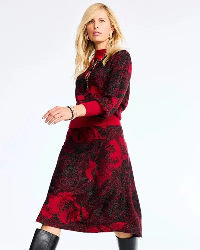 Chico's Rose Jacquard Shimmer Sweater Skirt In Enamel Red