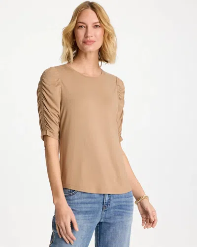Chico's Ruched Sleeve Knit Tee In Cattail Brown