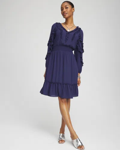 Chico's Ruffle Detail Smock Waist Dress In Blue Size 16/18 |  In Navy Blue