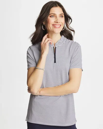 Chico's Ruffle Striped Half Zip In Blue