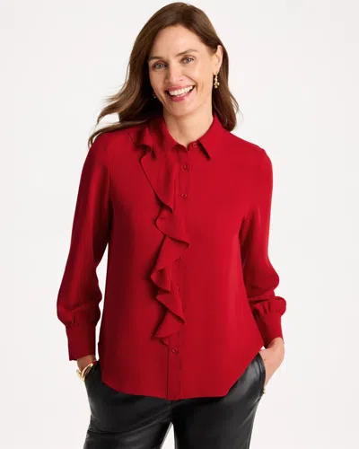 Chico's Satin Ruffled Button-down Blouse In Carmine Red