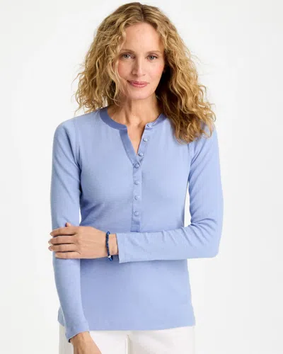 Chico's Satin Trim Ribbed Henley Tee In Blue In Blue Muse