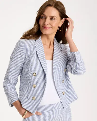 Chico's Seersucker Striped Cropped Blazer In Blue