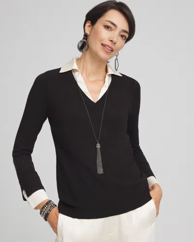 Chico's Sequin Built-in Shirt Knit Sweater In Black Size 20/22 |