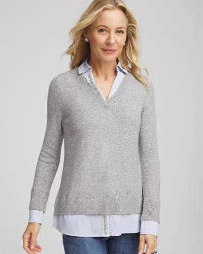 Chico's Sequin Built-in Shirt Knit Sweater In Gray