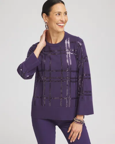 Chico's Sequin Plaid Long Sleeve Sweater In Purple Size 4/6 |  In Midnight Violet