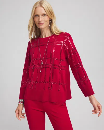 Chico's Sequin Plaid Pullover Sweater In Size 8/10 |  In Red Allure