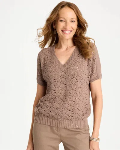 Chico's Sequin Pointelle Pullover In Topaz Smoke In Brown