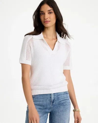 Chico's Sequin Pointelle Pullover Polo Sweater In White