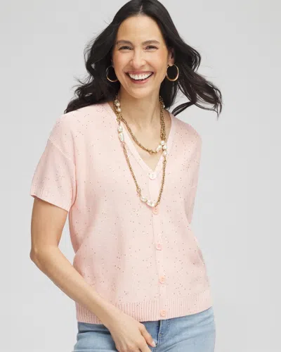 Chico's Sequin Short-sleeved Cardigan Sweater In Pink Size 16/18 |