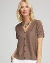 Chico's Sequin Short-sleeved Cardigan Sweater In Teakwood Size 12/14 |  In Teakwood