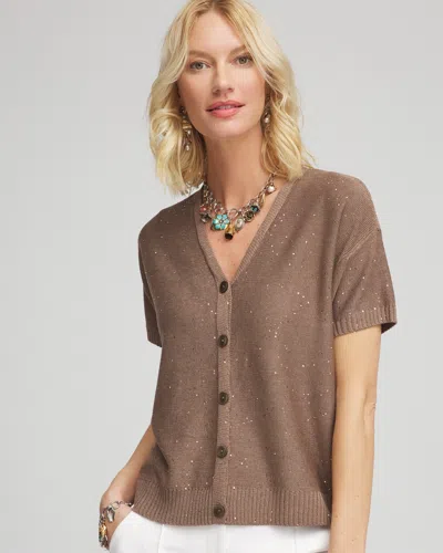 Chico's Sequin Short-sleeved Cardigan Sweater In Teakwood Size 12/14 |