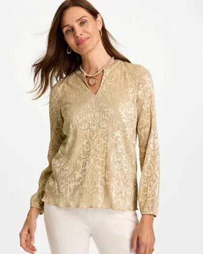 Chico's Shimmer Notch-neck Medallion Knit Top In Champagne Fizz In Yellow