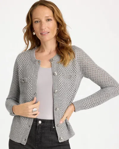 Chico's Shimmer Pointelle Lady Cardigan Sweater In Metallic In Gray